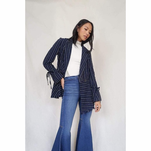 Free People Coat Jacket Stella Blazer Linen Fringed Hem - Navy Stripe - Picture 2 of 11